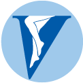 A blue and white logo of the letter v.