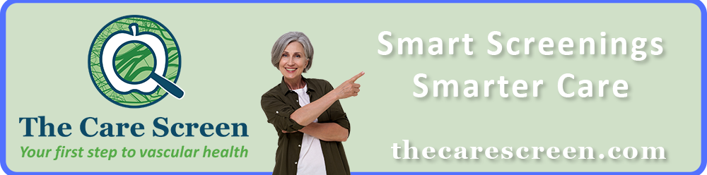 The Care Screen vascular screening program banner with woman pointing